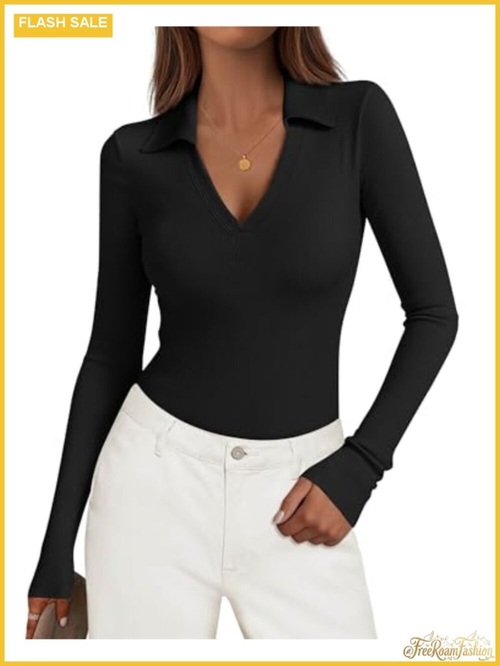 Womens Ribbed Knit V-Neck Long Sleeve Polo Shirt Slim Fit Business Casual